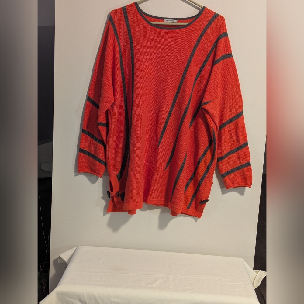 Lisa Todd. Women's Orange  Sweater with Dark Gray Stripes. . Cotton And Cashmere